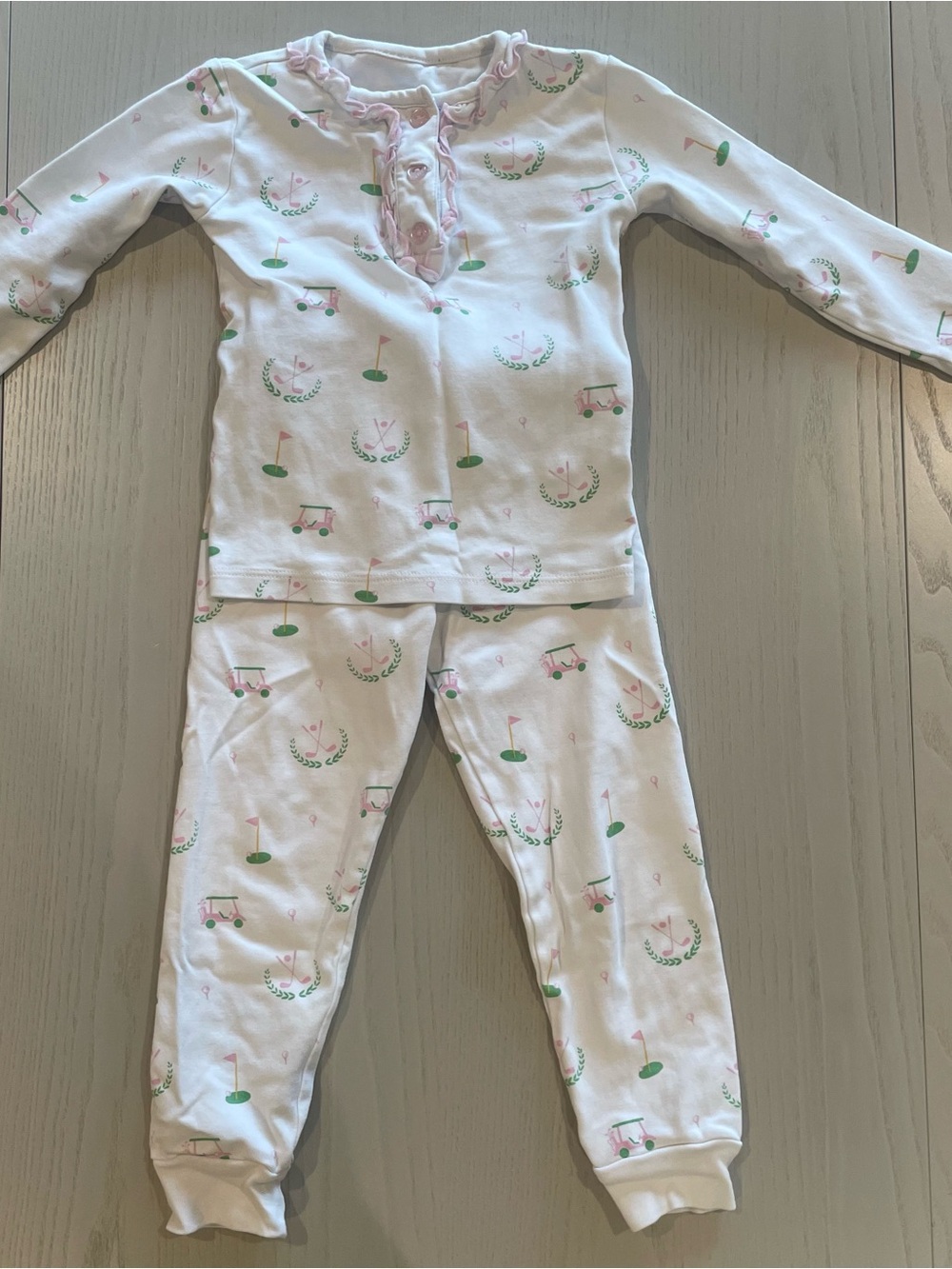 Little English Ruffled Printed Cotton Pajama Set Pink Golf - Size 4T